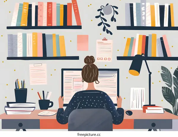 Woman Working at Computer with Bookshelf and Plant