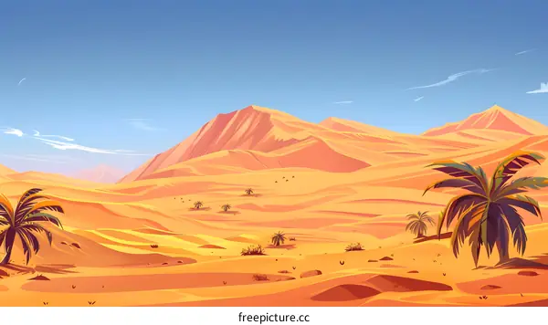 Desert Landscape with Palm Trees and Mountains