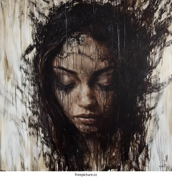 Woman with Closed Eyes and Hair Covering Her Face