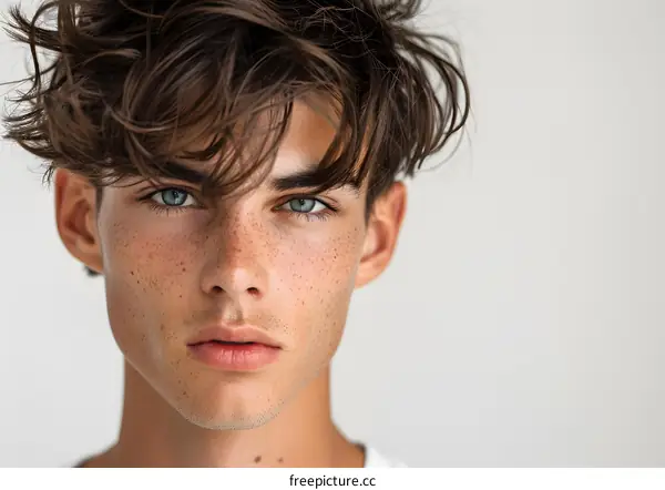 Young Man with Freckles and Blue Eyes