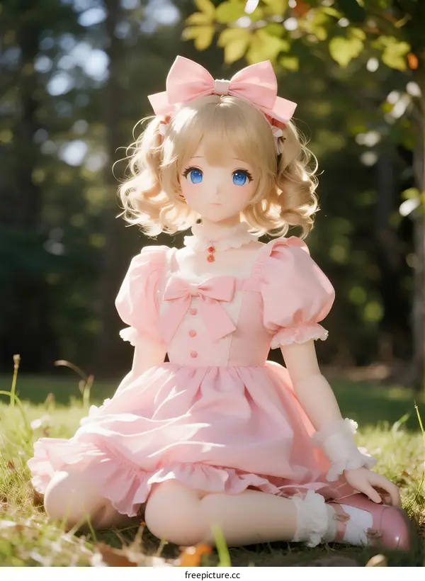 A Cute Little Girl Wearing Pink Dress Sitting on Green Grass