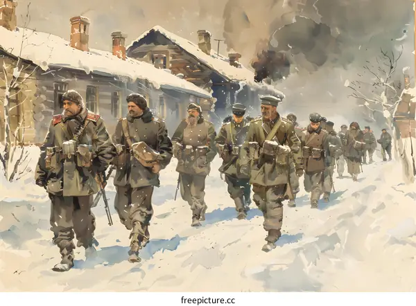 A group of soldiers marching through a snowy village