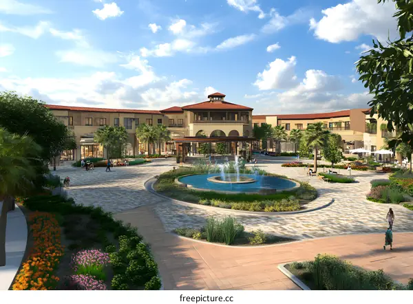 Modern Courtyard Design with Fountain and Palm Trees