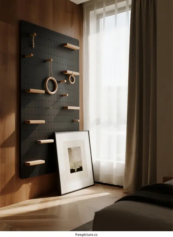 Modern Minimalist Bedroom with Black Pegboard and Wooden Shelves