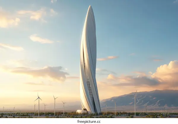 futuristic city with a tall twisting tower