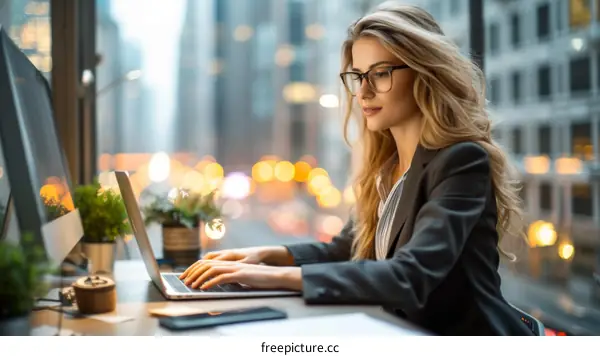 Blonde businesswoman working on laptop in modern office