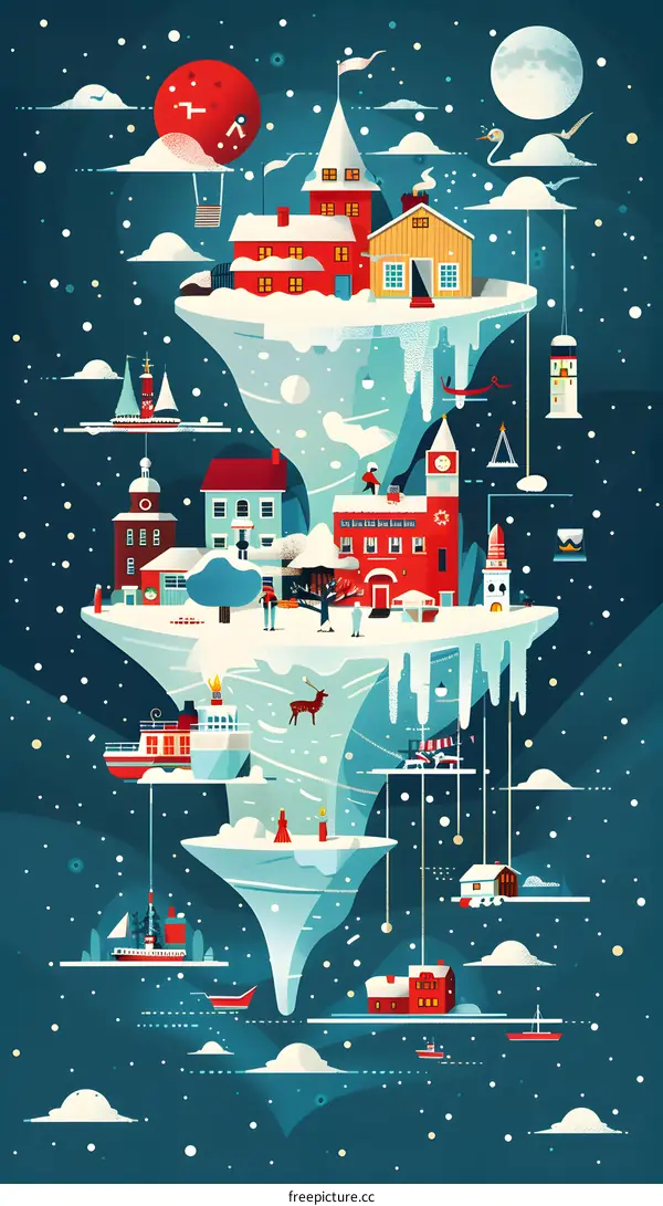 Winter Village Hanging From Iceberg Illustration