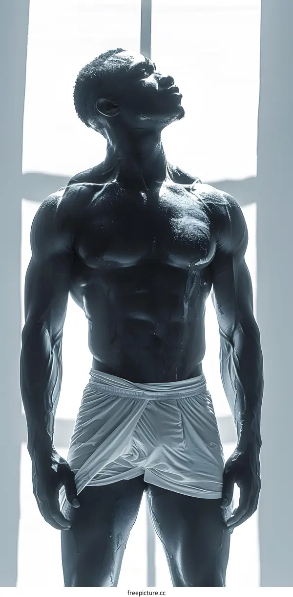 Black and white photo of muscular African-American male model