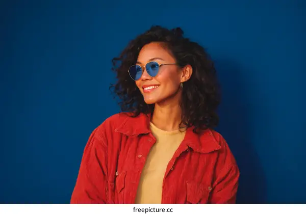 Trendy Woman in a Red Jacket Against a Deep Blue Background