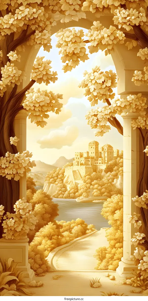 Landscape Painting with Golden Trees and a Distant Castle
