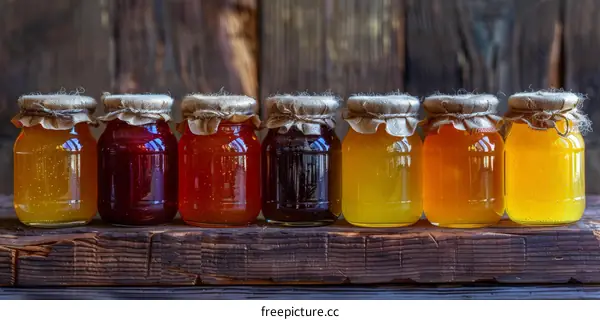 Assortment of Honey and Fruit Preserves in Jars on a Wooden Table
