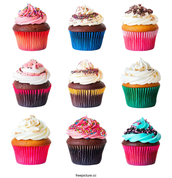 [Transparent Background PNG]Assortment of Delicious Cupcakes with Colorful Frosting