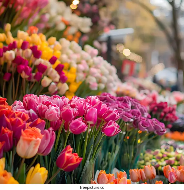 Colorful Tulips and Flowers at a Flower Market
