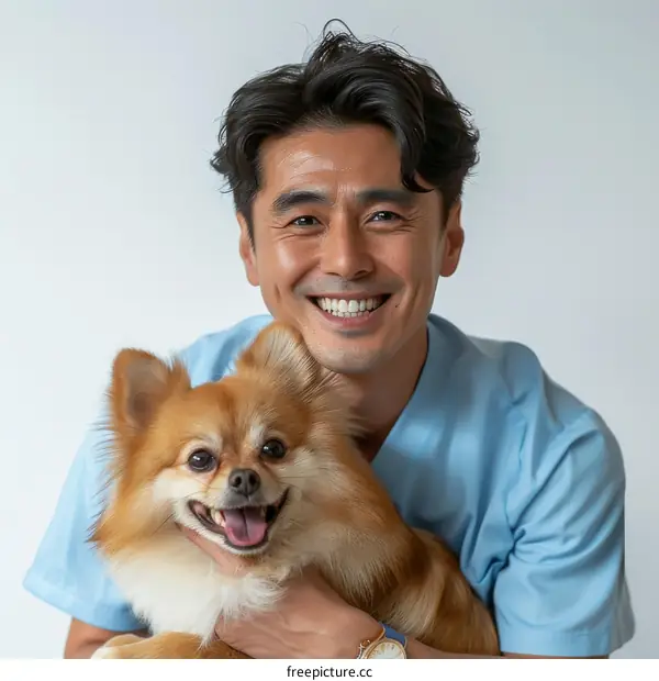 Asian male veterinarian smiling with a small dog