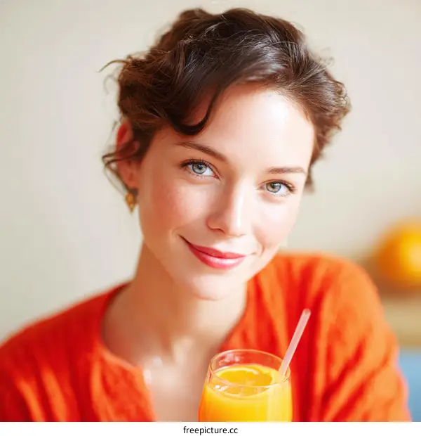 Woman Drinking Orange Juice Close-up Portrait