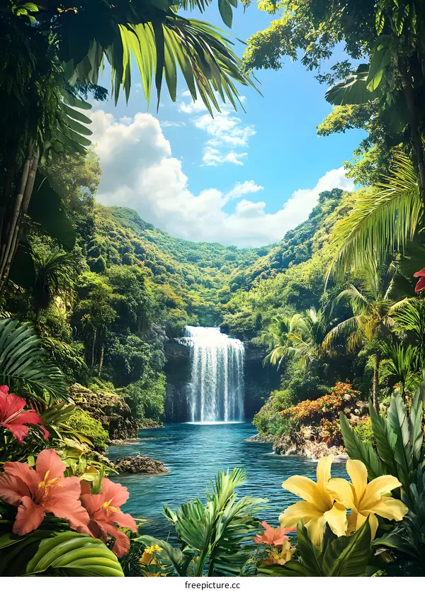 Tropical Waterfall Landscape with Lush Greenery