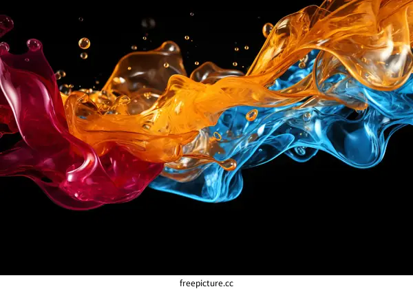 Colorful liquid splash with bubbles on black background
