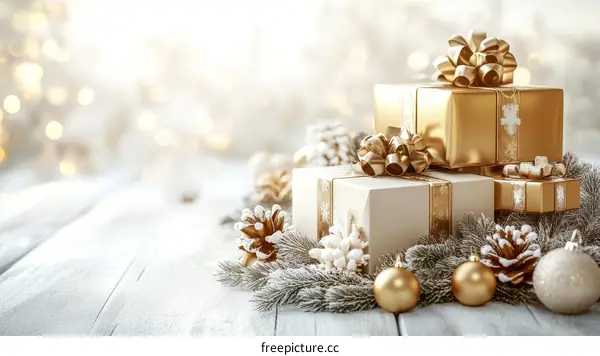 Golden Christmas Gifts on a Wooden Table