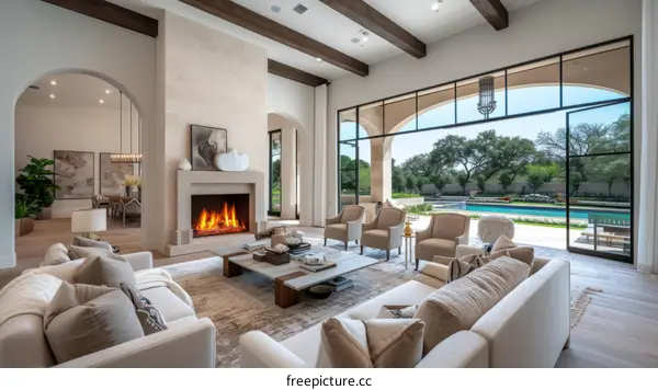 Modern luxury house interior living room with fireplace and swimming pool view