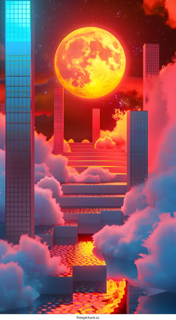 Surreal Cityscape with Giant Moon