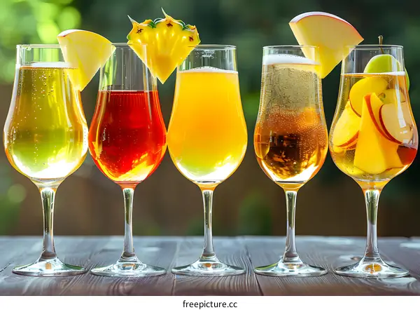 Fresh Summer Drinks In Glass Goblets With Fruit Garnish