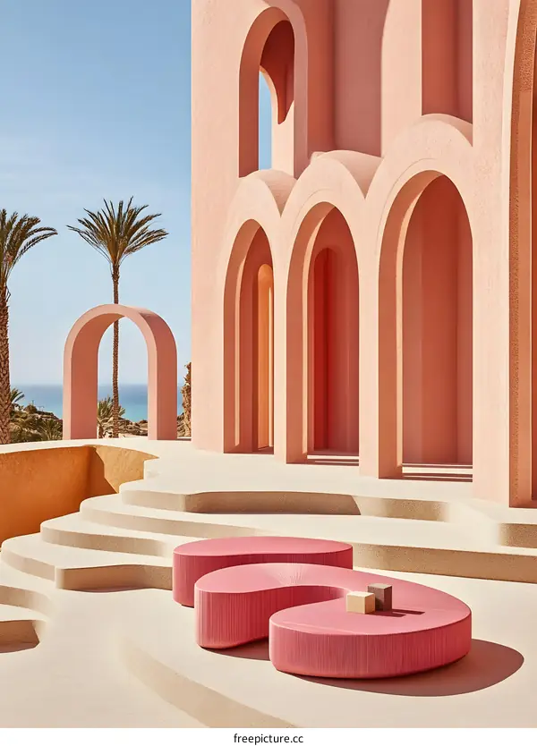 Modern Architecture with Arched Entranceways and Pink Furniture