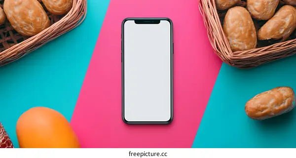Smartphone Mockup With Bread And Orange On A Multicolored Background