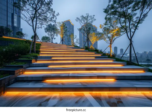 Illuminated Staircase in a Modern City