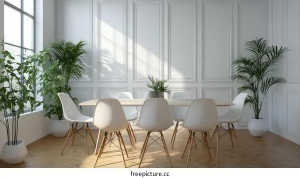 Modern Dining Room with White Chairs and Plants