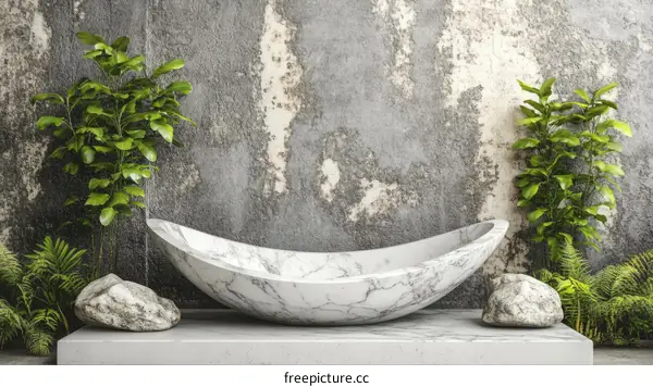 Modern Luxurious Marble Bathtub with Tropical Plants