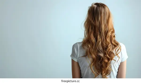 Woman with long curly hair standing with her back to the camera
