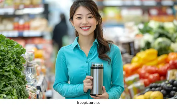 Asian Woman Shopping in Grocery Store with Drink