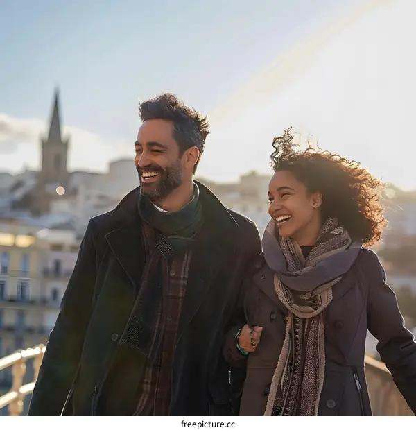 Couple Walking Together In City