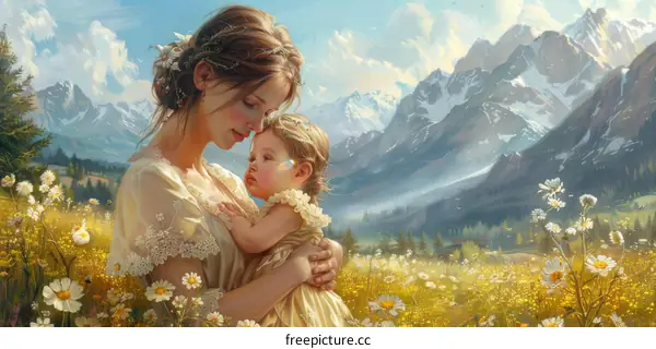 An illustration of a mother and her child in a field of flowers with mountains in the background
