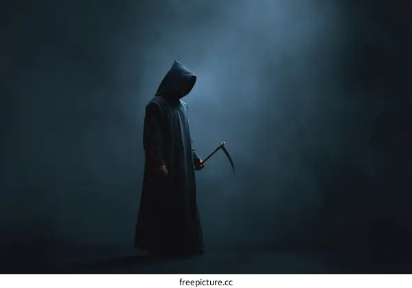 Mysterious Figure in Dark Hood with Scythe