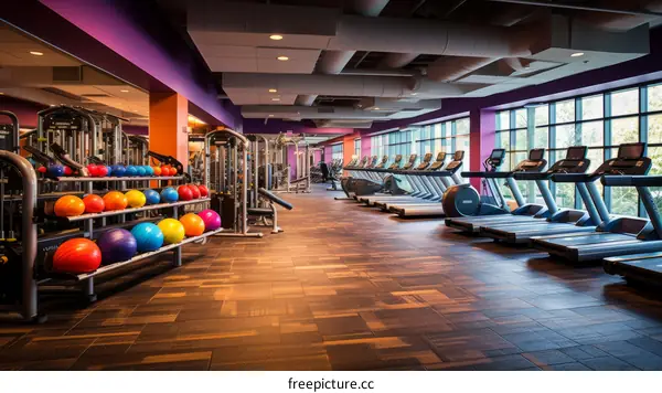 Modern colorful gym interior with exercise balls, treadmills and weight machines