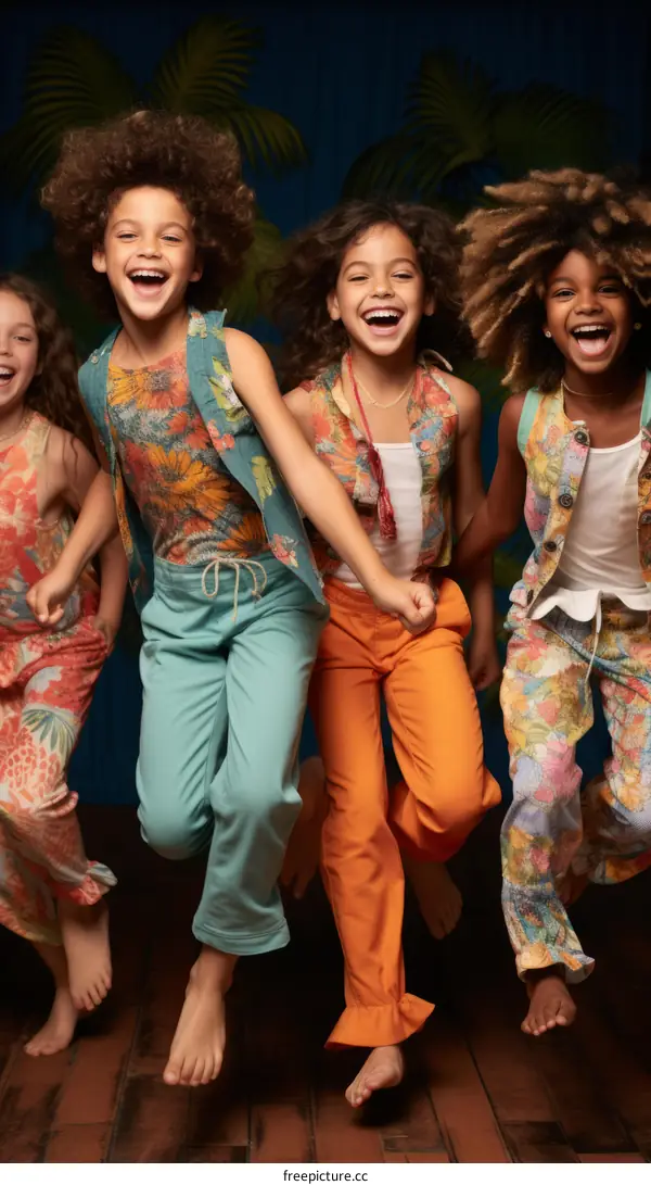 Four happy children in colorful clothes are jumping in front of a blue background with palm trees.