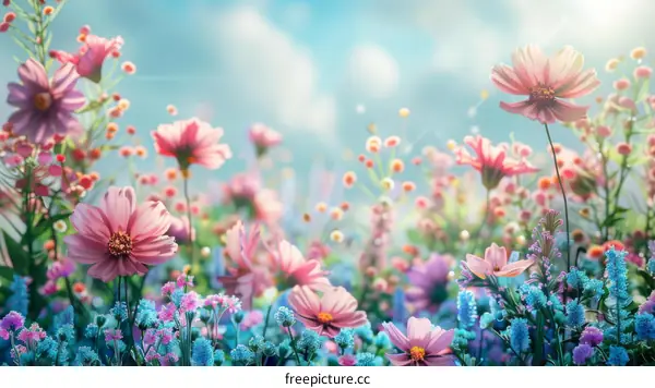 Close-up of a variety of colorful flowers in a field