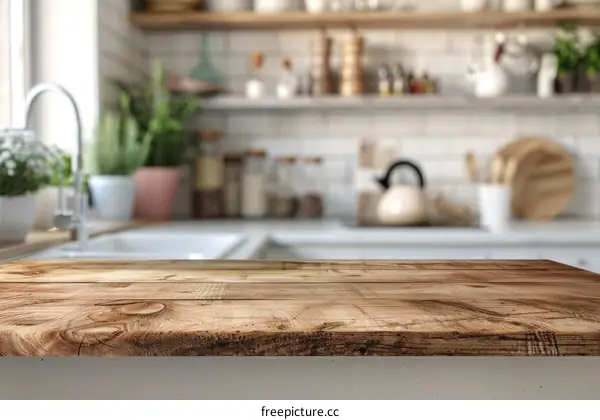 Rustic Wood Kitchen Countertop With Blurred Kitchen Interior In The Background