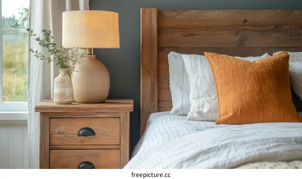 Rustic Bedroom with Wooden Nightstand and Lamp