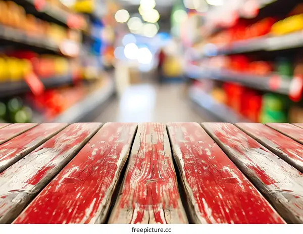 Red Wooden Tabletop in Blurred Supermarket Aisle