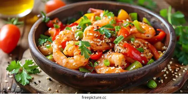 delicious food photography of stir fried shrimp with vegetables