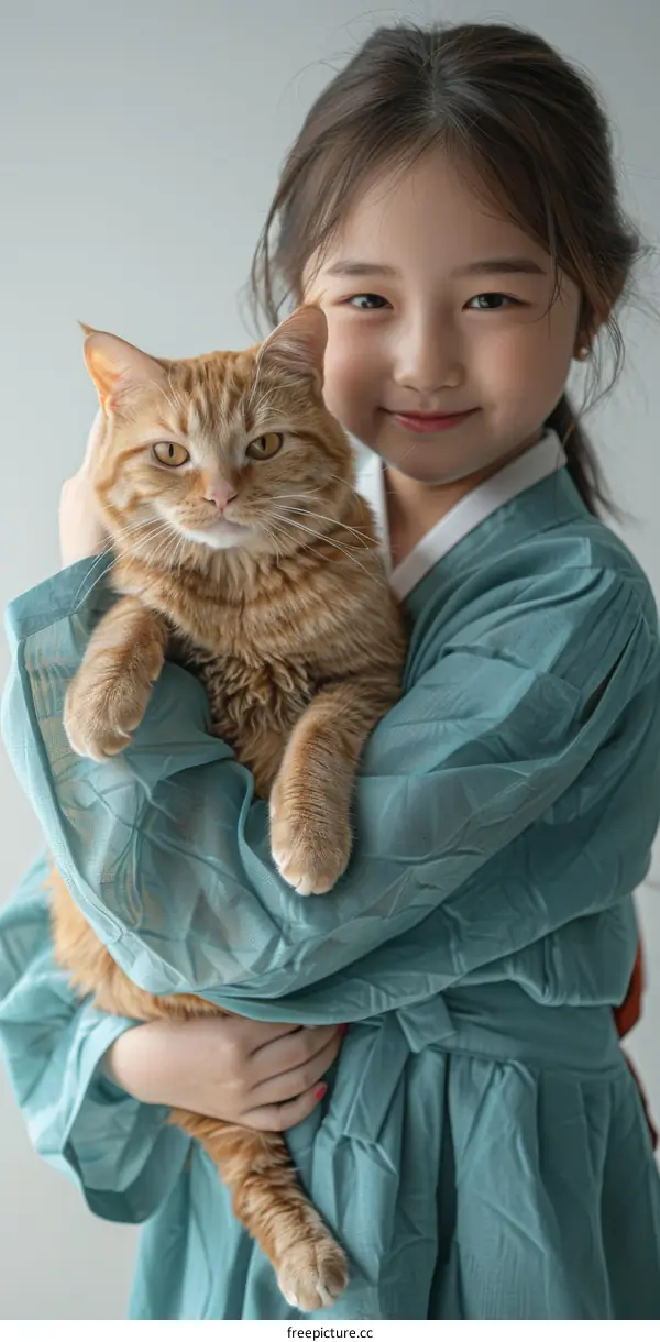 Little Asian girl hugging an orange cat