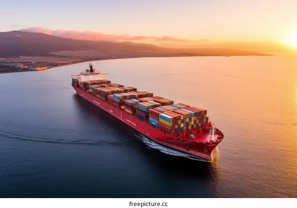 A Large Container Ship Sails on Tranquil Waters at Sunset
