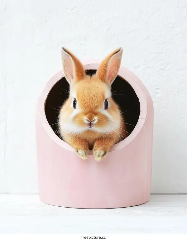 Adorable Baby Bunny in a Pink Wooden House