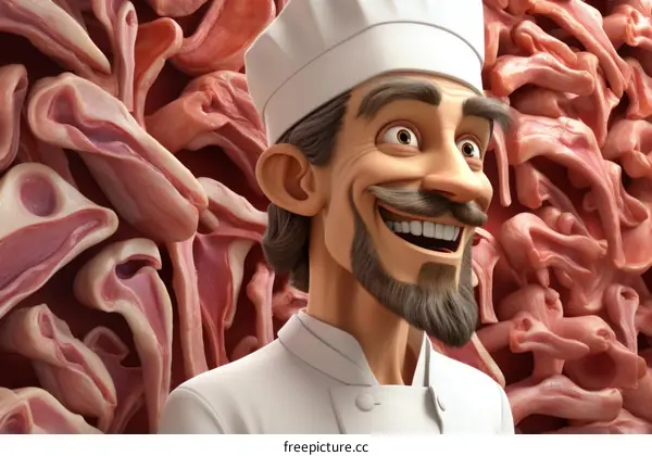 Happy chef in front of meat background