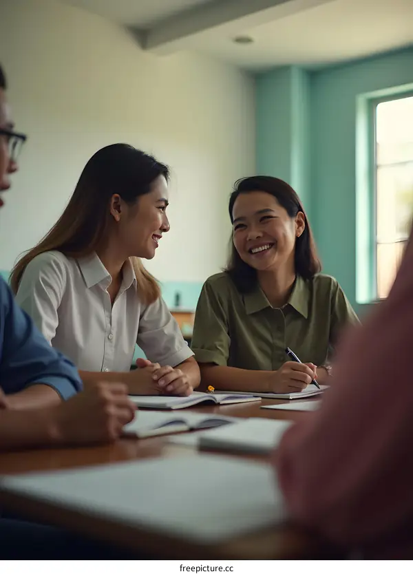 Group of Asian Students Studying and Talking in a Classroom
