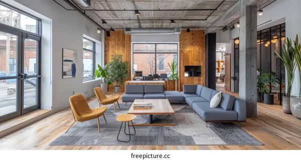 Modern office interior with stylish furniture and wood elements