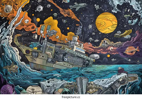 Space Ship Illustration with Stars and Planets