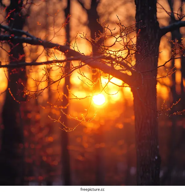 Sunset through bare trees in winter
